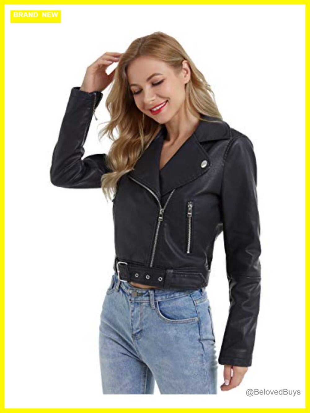 Faux Leather Moto Jacket with Belt, Asymmetric Zipper, Slim Fit